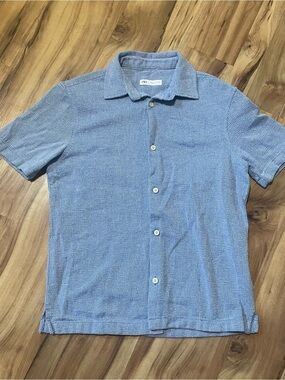 Zara Men's Blue Textured Short Sleeve Button Up Casual Camp Shirt Size S